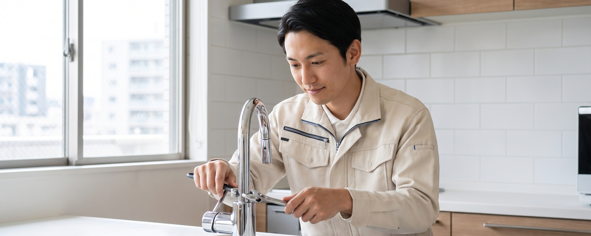 経験豊富な技術者がキッチン水栓を丁寧に修理する様子